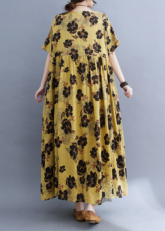 Fine Yellow Print Patchwork Wrinkled Long Dresses Summer