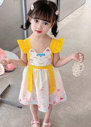 Fine Yellow Ruffled Embroideried Patchwork Cotton Baby Girls Dresses Summer