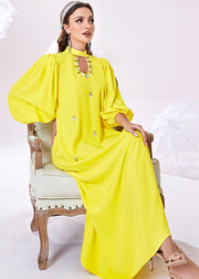 Fine Yellow Stand Collar Zircon Holiday Chiffon Maxi Dress Lantern Sleeve