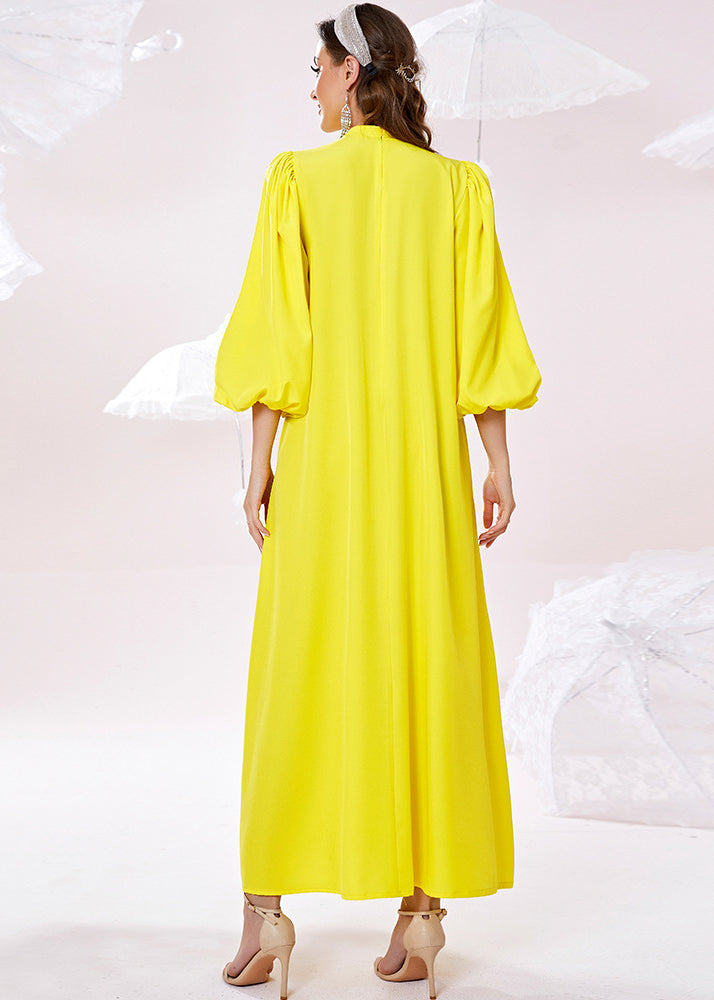 Fine Yellow Stand Collar Zircon Holiday Chiffon Maxi Dress Lantern Sleeve