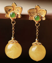 Fine Yellow Sterling Silver Overgild Beeswax Amber Crystal Floral Drop Earrings