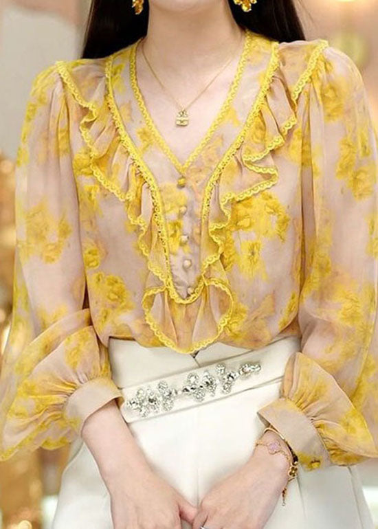 Fine Yellow V Neck Ruffled Print Chiffon Top Spring