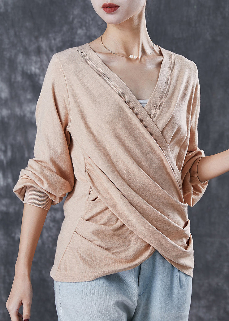 Fitted Beige Asymmetrical Cross Connection Knit Tops Spring