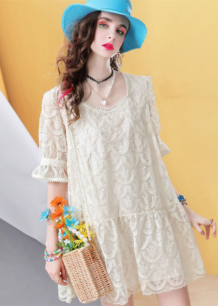 Fitted Beige Square Collar Nail bead Patchwork Lace Mid Dress Petal Sleeve