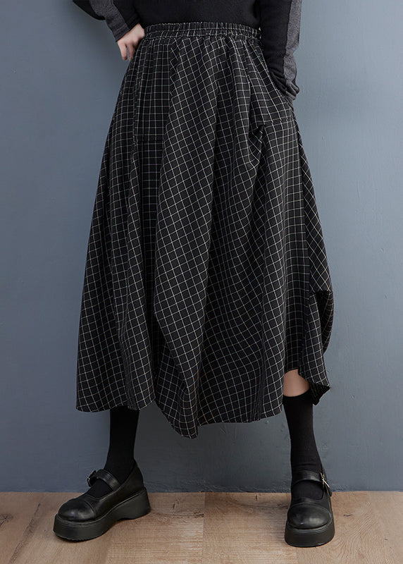 Fitted Black Asymmetrical Design Plaid Cotton Skirts Summer