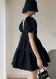 Fitted Black Backless Patchwork Cotton Mid Dress Puff Sleeve