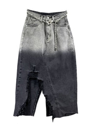 Fitted Black Grey Gradient Asymmetrical Pockets Patchwork Denim Skirts Fall