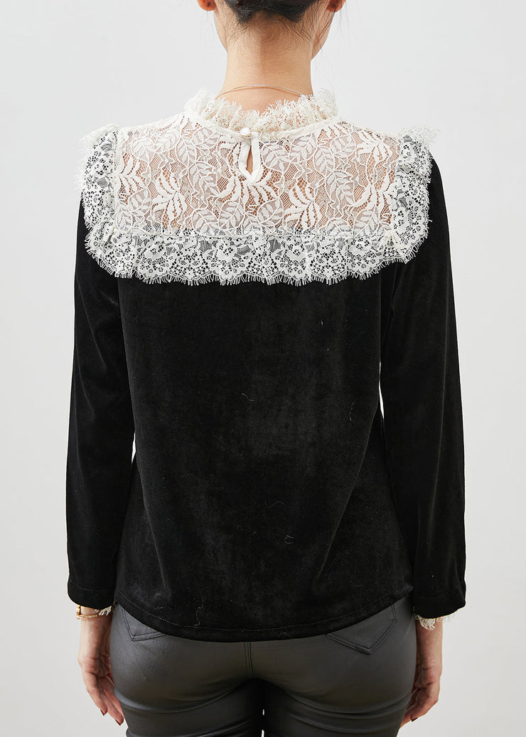 Fitted Black Lace Patchwork Silm Fit Velour Blouses Spring