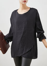 Fitted Black Oversized Asymmetrical Design Cotton Top Spring