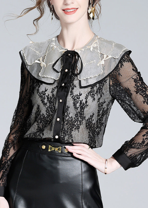 Fitted Black Peter Pan Collar Lace Patchwork Neck Tie Silk Tops Long Sleeve