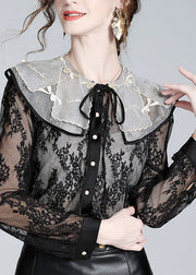 Fitted Black Peter Pan Collar Lace Patchwork Neck Tie Silk Tops Long Sleeve