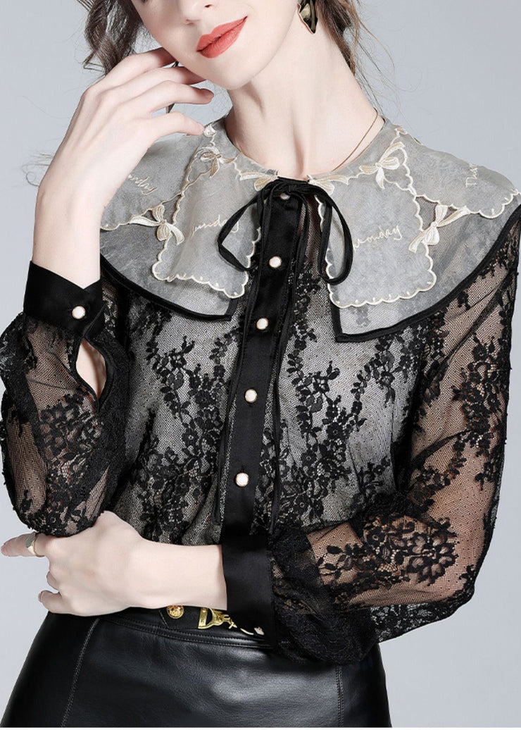 Fitted Black Peter Pan Collar Lace Patchwork Neck Tie Silk Tops Long Sleeve