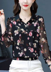 Fitted Black Peter Pan Collar Print Chiffon Blouses Spring