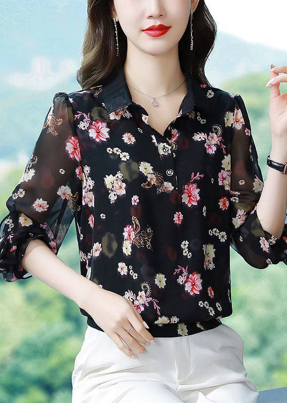 Fitted Black Peter Pan Collar Print Chiffon Blouses Spring