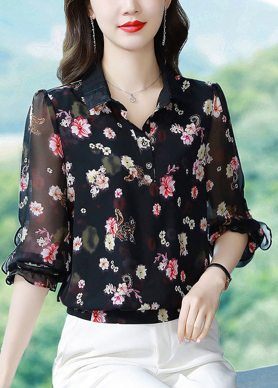 Fitted Black Peter Pan Collar Print Chiffon Blouses Spring