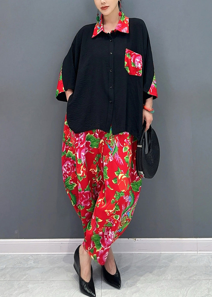 Fitted Black Peter Pan Collar Print Patchwork Button Shirts And Harem Pants Two Pieces Set Long Sleeve