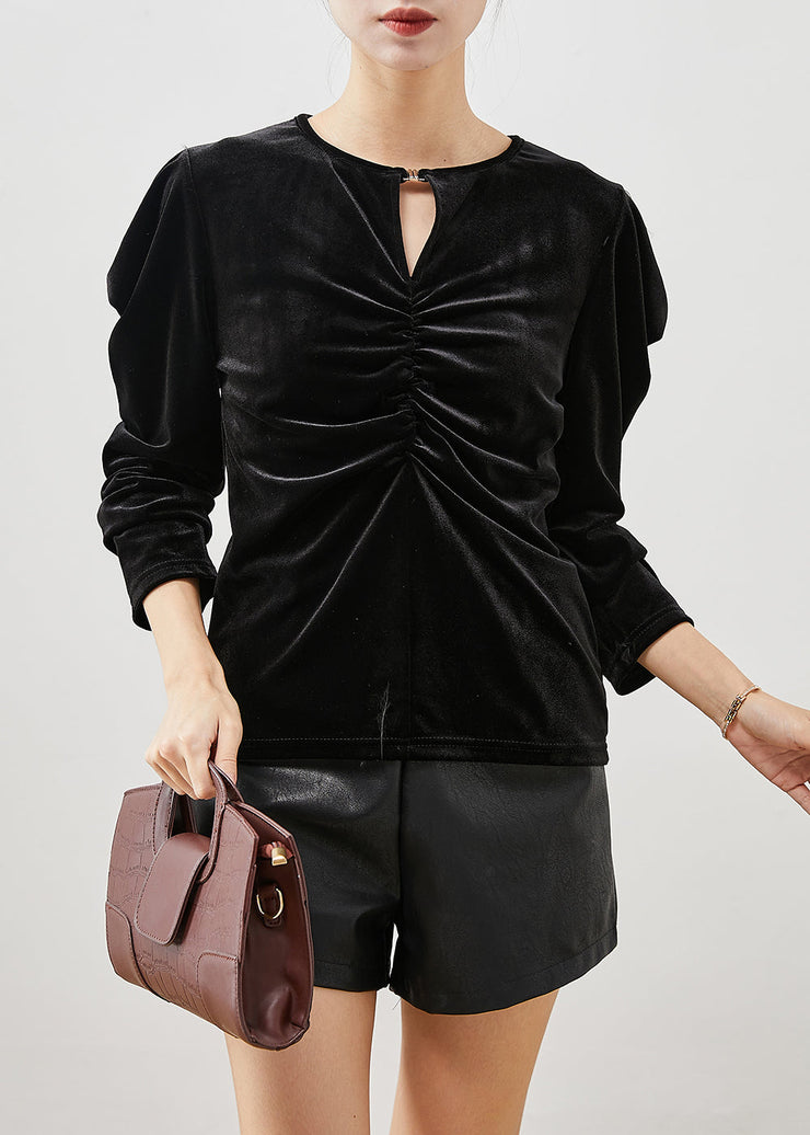 Fitted Black Puff Sleeve Wrinkled Silk Velour Shirts