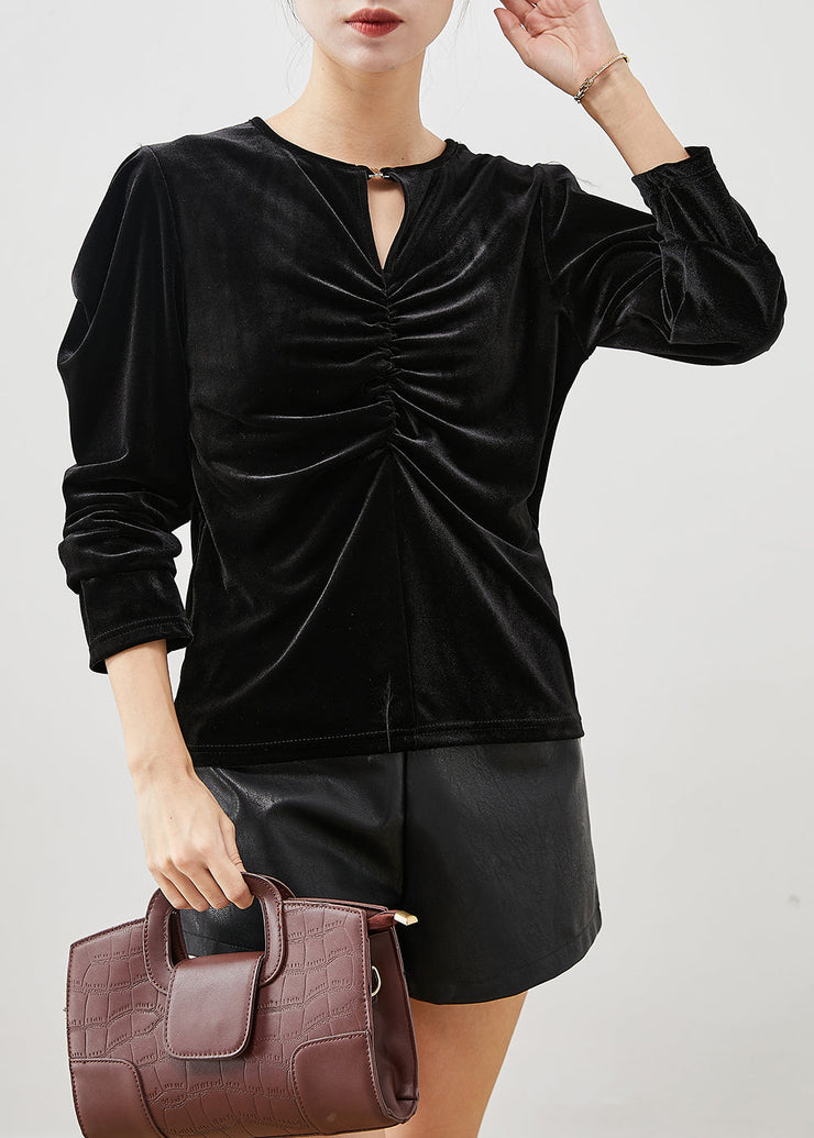 Fitted Black Puff Sleeve Wrinkled Silk Velour Shirts