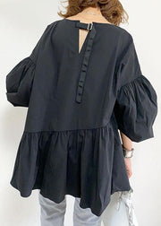 Fitted Black V Neck Patchwork Ruffles Cotton Shirts Lantern Sleeve