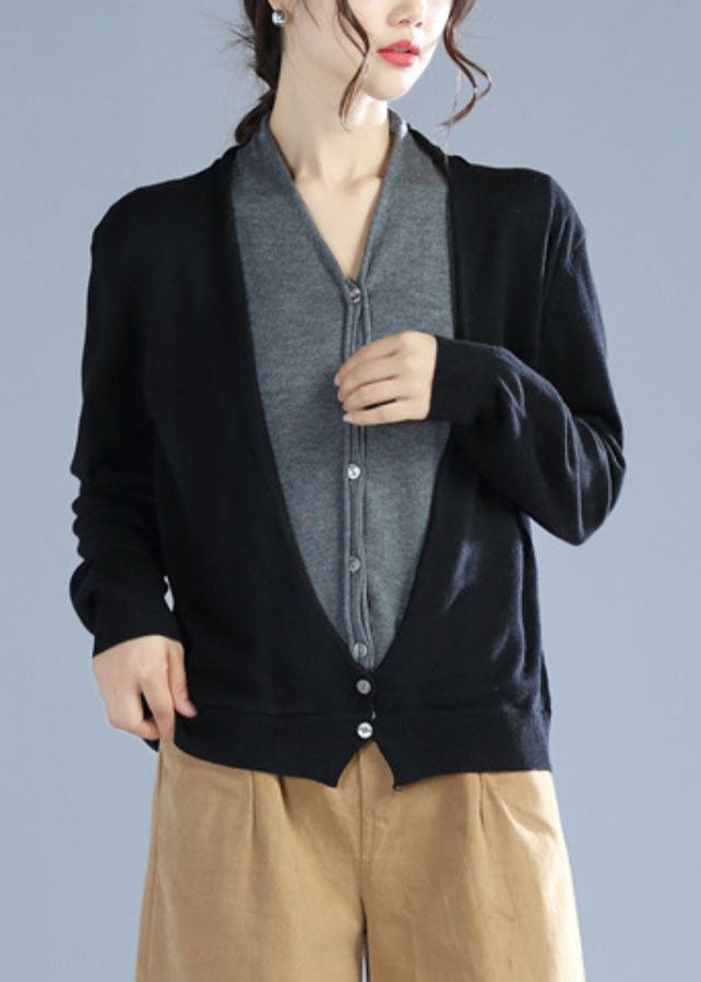 Fitted Black V Neck Solid Knit Cardigan Winter