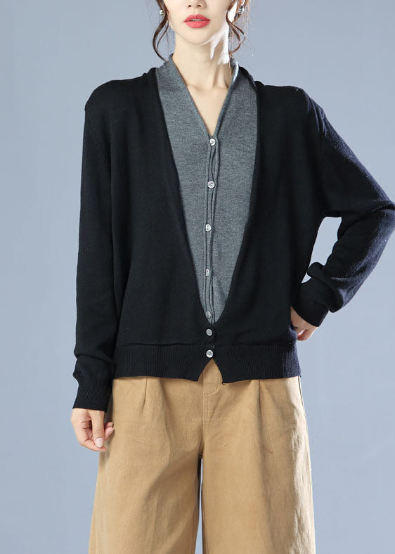 Fitted Black V Neck Solid Knit Cardigan Winter