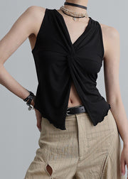 Fitted Black Wrinkled Patchwork Tops Summer