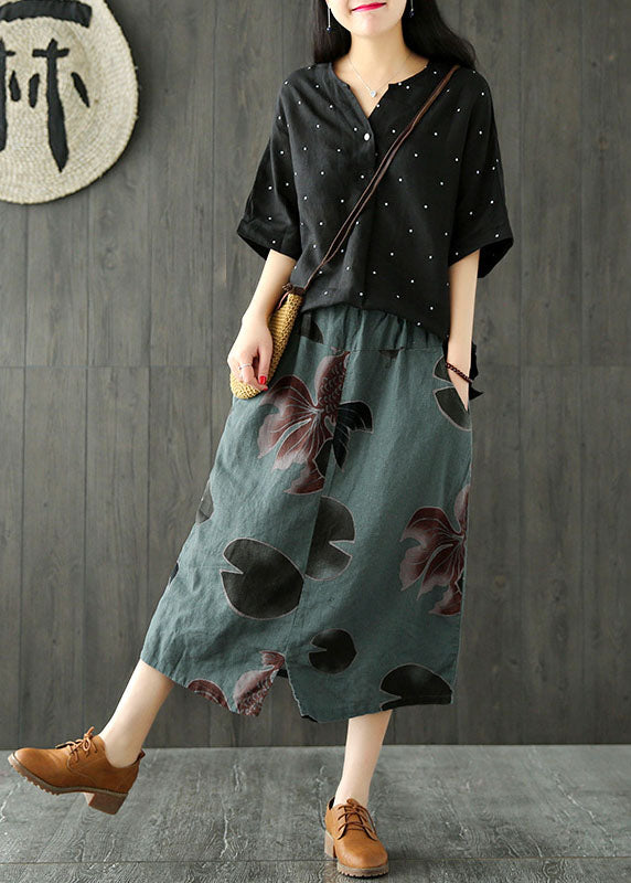 Fitted Blackish Green High Waist Pockets Print Side Open Linen Skirts Summer