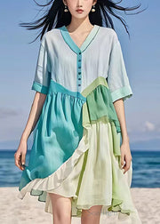 Fitted Blue Asymmetrical Patchwork Linen Mid Dress Summer