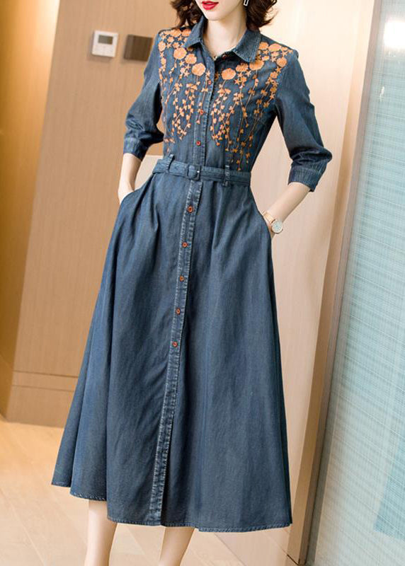 Fitted Blue Embroidered Tie Waist Patchwork Denim Dress Bracelet Sleeve