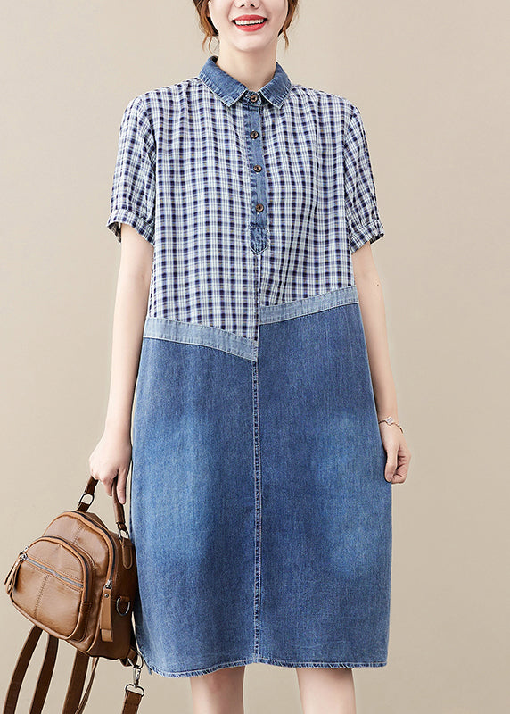 Fitted Blue Peter Pan Collar Patchwork Plaid Denim Long Dress Summer