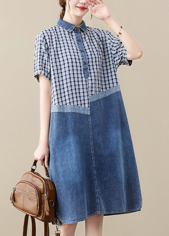 Fitted Blue Peter Pan Collar Patchwork Plaid Denim Long Dress Summer