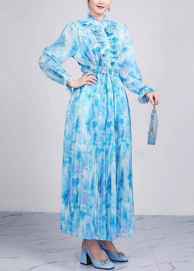 Fitted Blue Ruffled Print Sashes Chiffon Dresses Long Sleeve