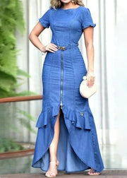 Fitted Blue Ruffled Zip Up Patchwork Denim Long Dress Summer