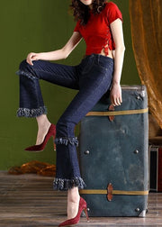 Fitted Blue Tasseled Pockets Patchwork Denim Flare Bottoms Spring