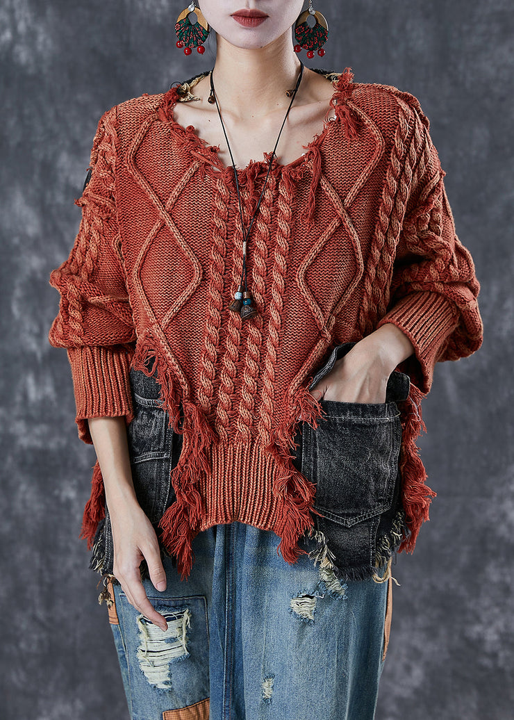 Fitted Brick Red Asymmetrical Patchwork Knit Short Sweater Winter