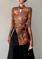 Fitted Brown Stand Collar Asymmetrical Cinched Tulle Top Fall