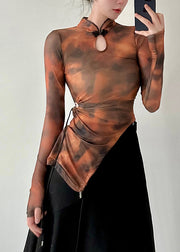 Fitted Brown Stand Collar Asymmetrical Cinched Tulle Top Fall