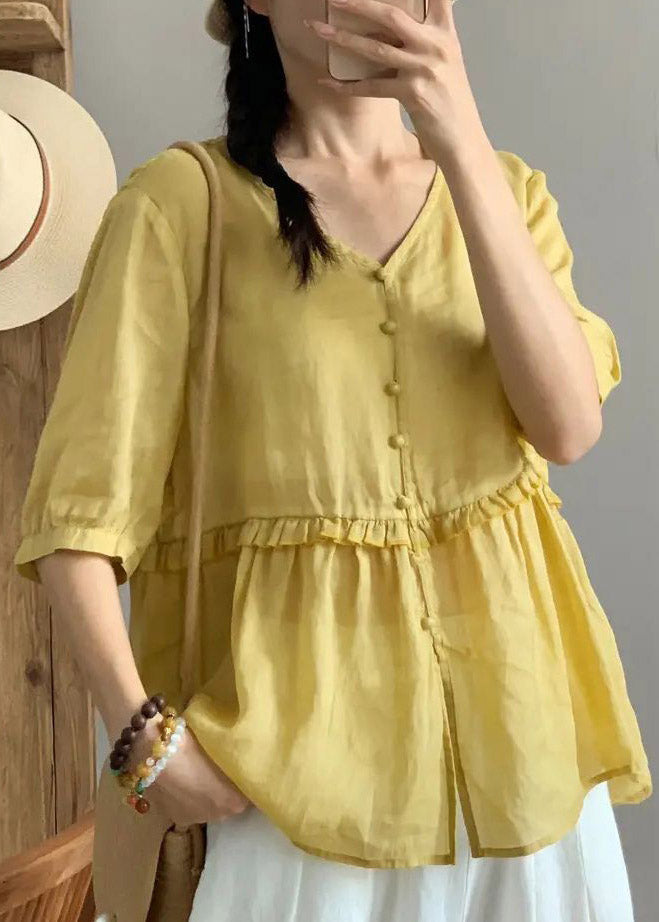 Fitted Champagne Colour V Neck Ruffled Button Linen Shirts Half Sleeve