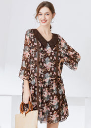 Fitted Coffee Peter Pan Collar Patchwork Print Chiffon Dresses Bracelet Sleeve