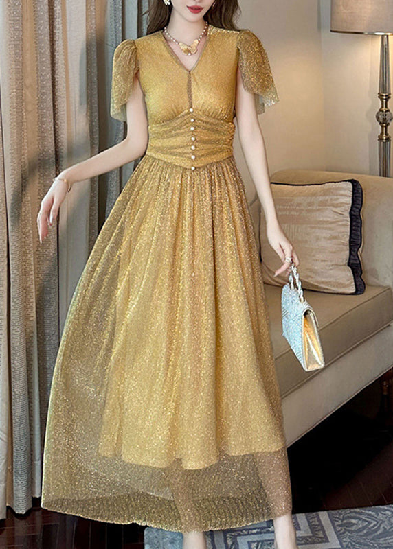 Fitted Gold V Neck Wrinkled Patchwork Sequins Tulle Vacation Long Dresses Summer