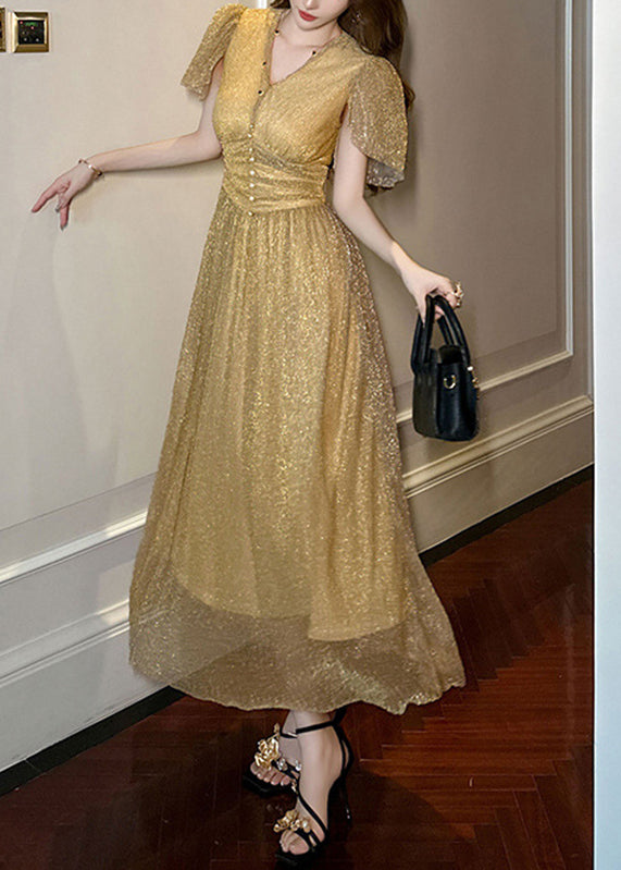 Fitted Gold V Neck Wrinkled Patchwork Sequins Tulle Vacation Long Dresses Summer