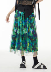 Fitted Green Asymmetrical Print Patchwork Tulle Skirts Summer