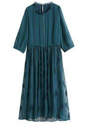 Fitted Green O-Neck Ruffled Tie Waist Silk Maxi Dresses Half Sleeve