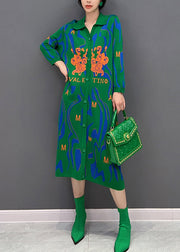 Fitted Green Peter Pan Collar Print Button Knit Shirts Dress Fall