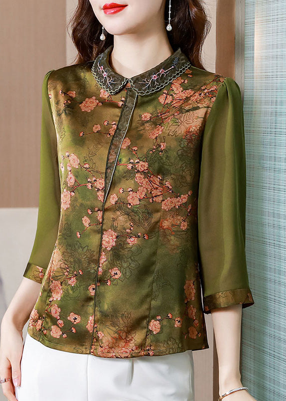 Fitted Green Peter Pan Collar Print Silk Blouse Tops Bracelet Sleeve