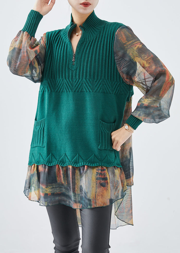 Fitted Green Zip Up Patchwork Knit Tops Fall