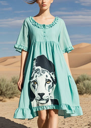 Fitted Lake Green Ruffled Dog Print Cotton Tea Dress Summer