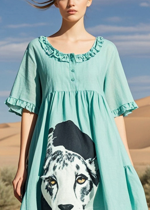 Fitted Lake Green Ruffled Dog Print Cotton Tea Dress Summer