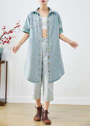 Fitted Light Blue Peter Pan Collar Striped Denim Long Shirt Short Sleeve