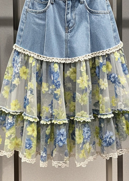 Fitted Light Blue Print Patchwork Tulle Denim Skirt Summer